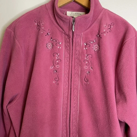 VINTAGE Tradition Rose Fleece Jacket Floral Embroidered Zip Grandma Size XL - Picture 3 of 10